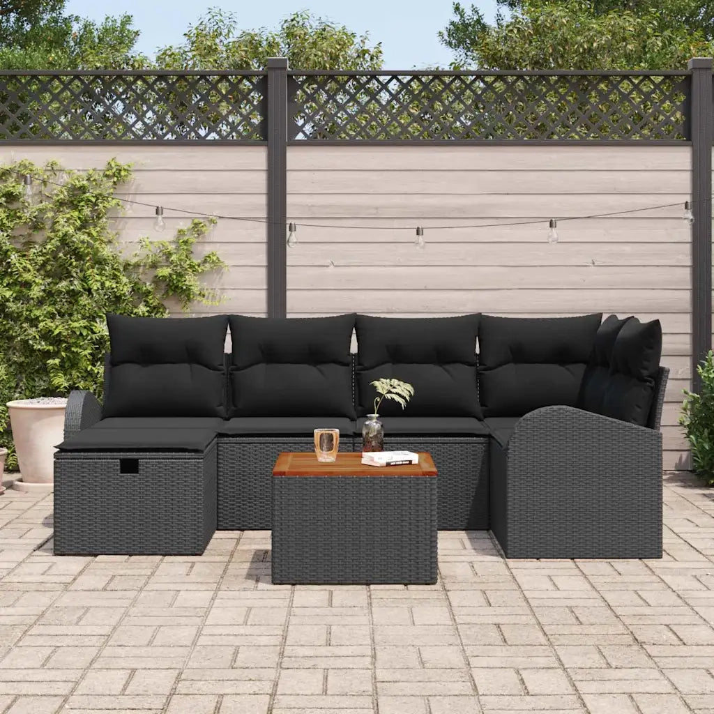 Set Divano da Giardino con cuscino 7 pcs Nero Poly Rattan