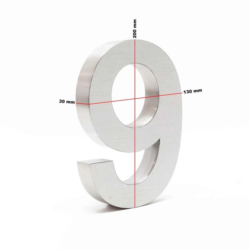 Numero civico "9" in acciaio pregiato 20 cm Arial 3D materiale di montaggio incluso 16_0001433