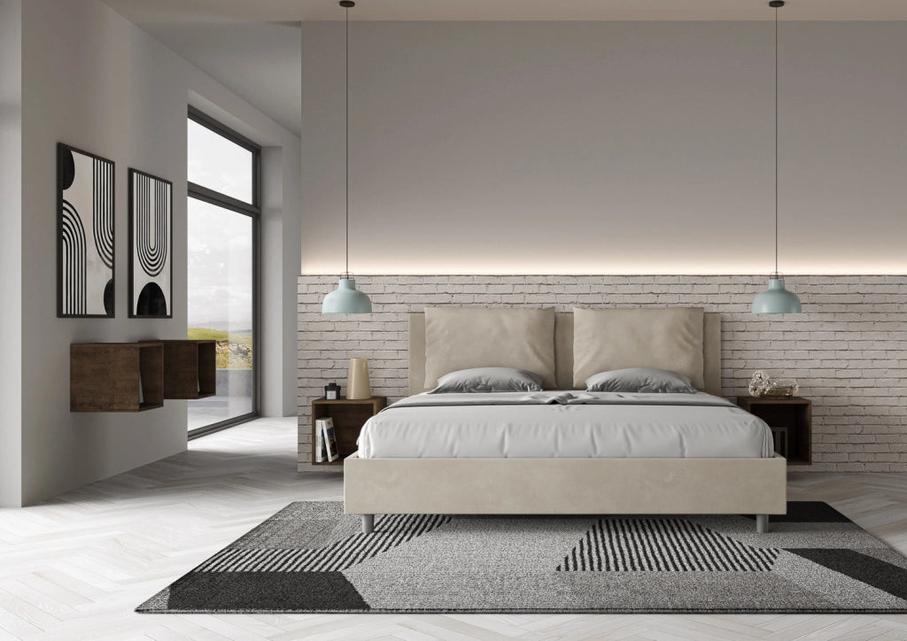 BS COM Letto matrimoniale king size senza rete imbottito 190x210 microfibra sabbia