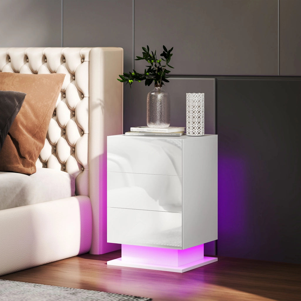 Comodino con LED RGB 3 Cassetti e Telecomando ¨C Xylo ¨C Bianco Lucido 40x35x60 cm