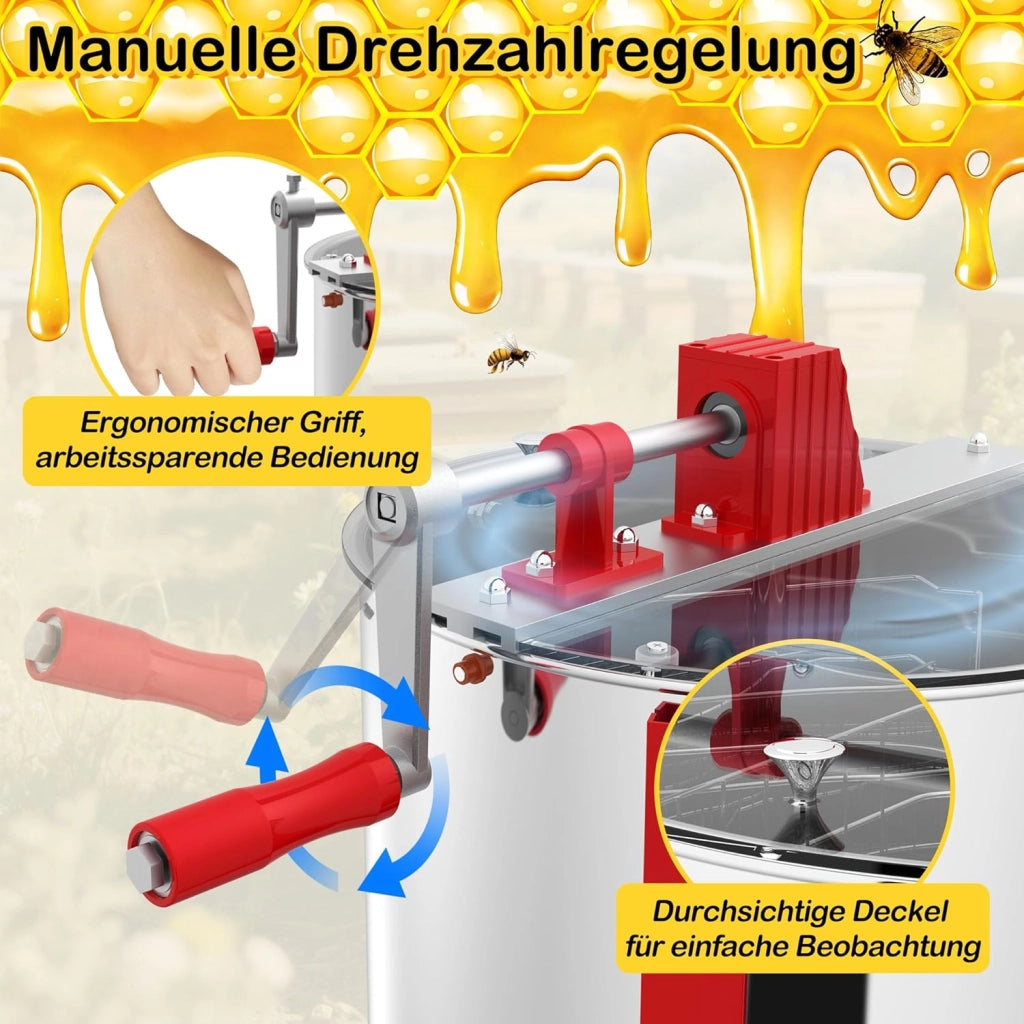 Fionda di miele manuale a 3 favi in acciaio inox centrifuga tangenziale estrattore di miele con coperchio, azionamento manuale e gambe regolabili centrifuga miele accessori universali per