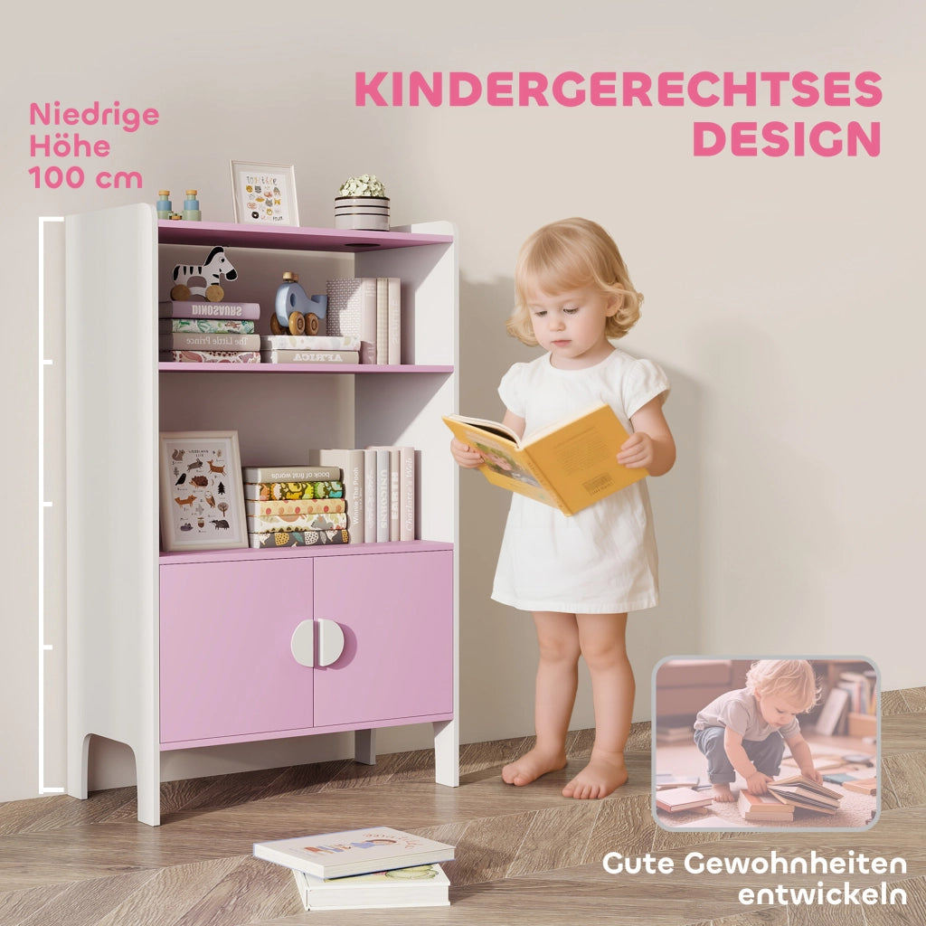Libreria per bambini ¨C Minimal ¨C rosa e bianco, MDF, con 2 ripiani e 2 ante