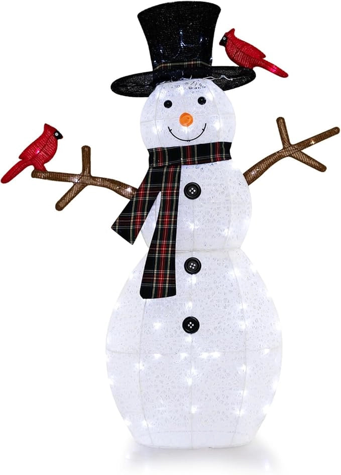 Pupazzo di Neve con luce a LED, Decorazione Natalizia con Luce Incorporata, Pupazzo di Neve e Uccello Rosso, per Giardino Cortile, 127 cm