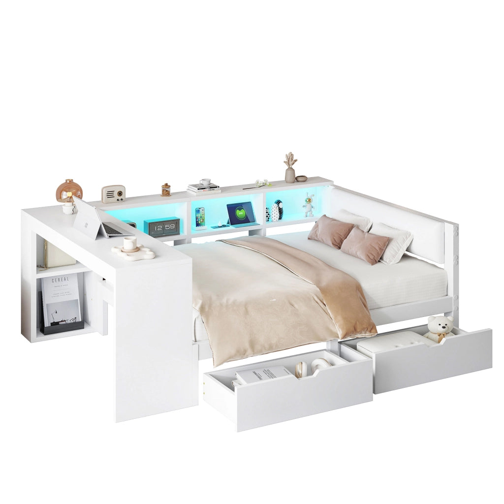 Letto legno 140x200 ripiani cassetti ricarica LED bianco