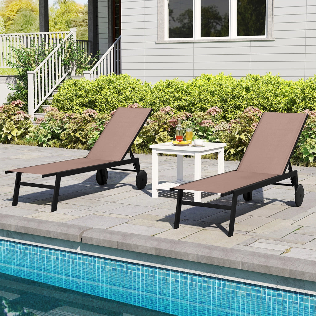 Sdraio patio ruote poltrona reclinabile 6 posizioni schienale regolabile-Sdraio tessuto traspirante prendisole piscina terrazza giardino Marrone