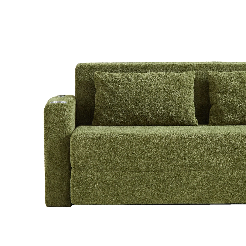 Divano letto 2 posti trasformabile con USB; portabicchieri e tasche laterali; verde