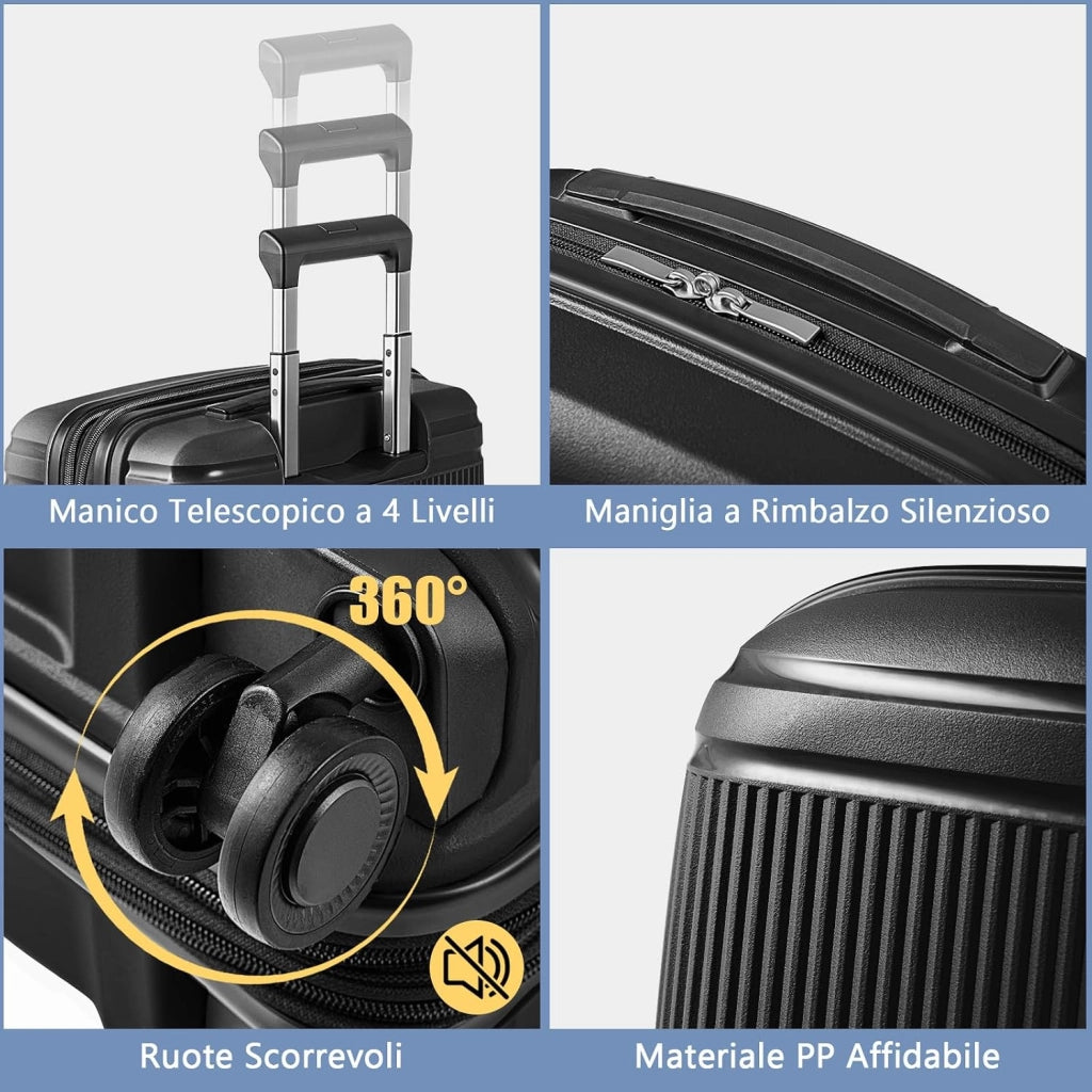 Valigia Bagaglio a Mano 20" con Beauty Case da Viaggio 14", Trolley Bagaglio a Mano con Lucchetto TSA, Porta USB, Ruote Girevoli e Manico Regolabile (Con Beauty + Nero)
