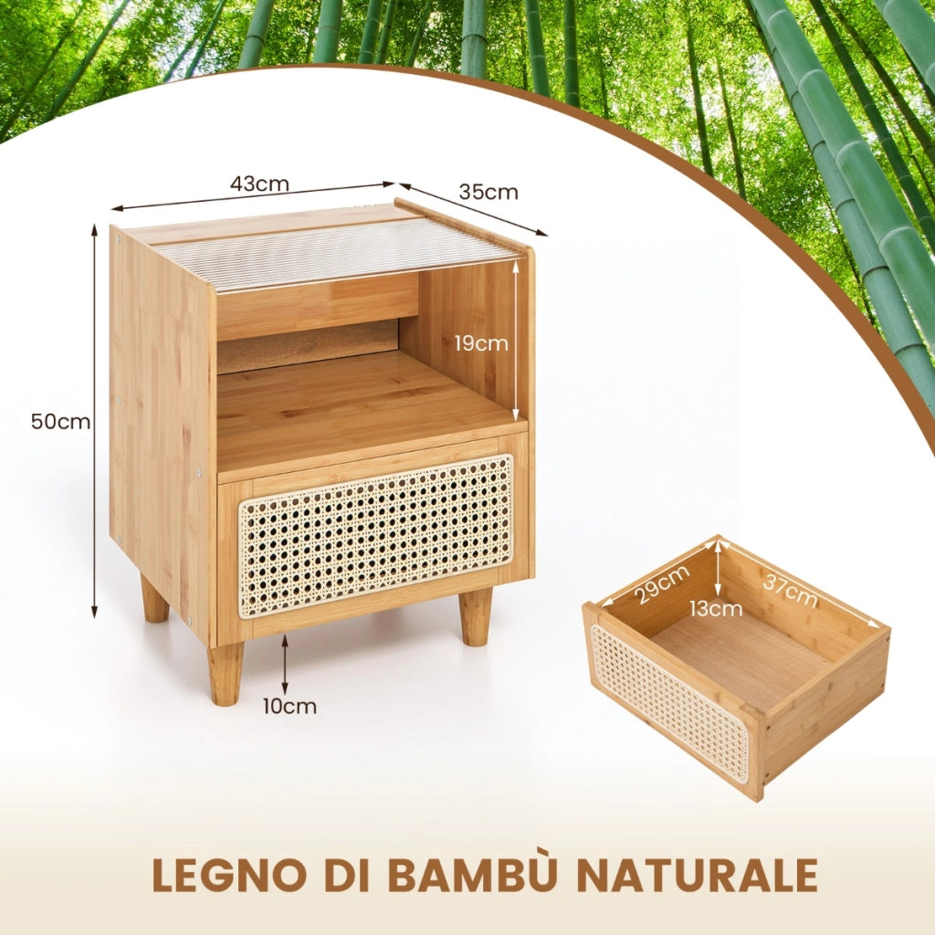 Comodino in bamb¨´ e rattan con cassetto e gambe in legno massello, Tavolino da salotto boho 43x35x50cm Naturale 2 Pezzi