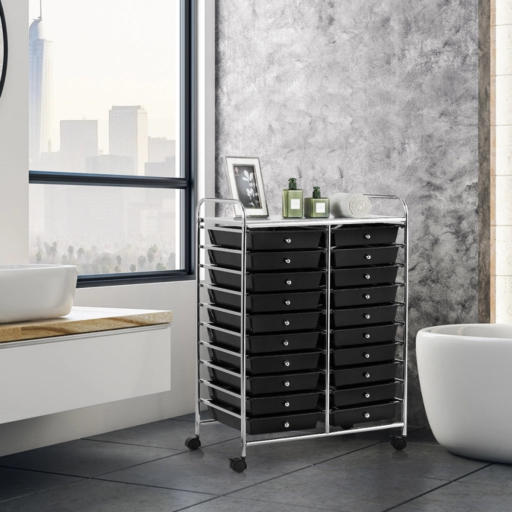 Carrello cassettiera multiuso e leggero con 20 cassetti, Contenitore con ruote per ufficio e casa Nero