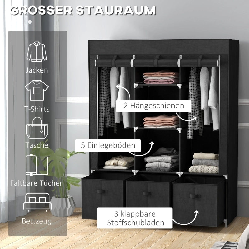 ARMADIO TESSILE con 2 aste, 5 ripiani e 3 cassetti 125x43x162,5 cm Nero