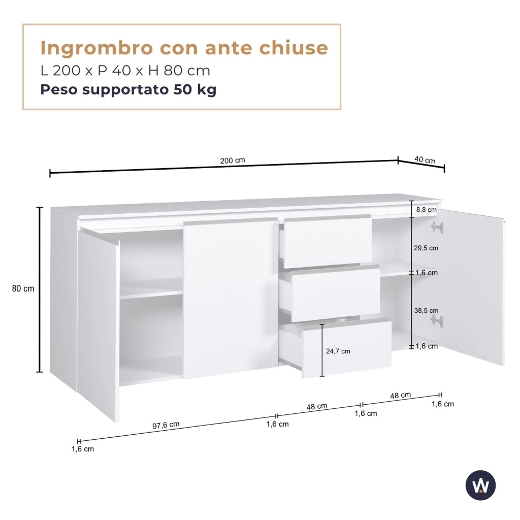 WHOUS Credenza Magic 3 ante e 3 cassetti centrali cashmere 200x40x80 cm