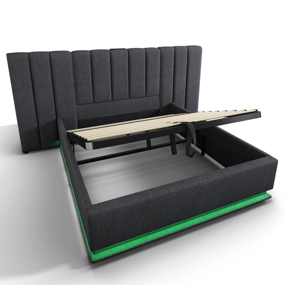 Letto Imbottito Contenitore Matrimoniale con LED e USB ¨C MINIMAL ¨C Tessuto Grigio 180x200