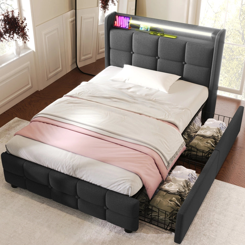 Letto singolo 90x200 - Xylo - Grigio con 2 cassetti e USB