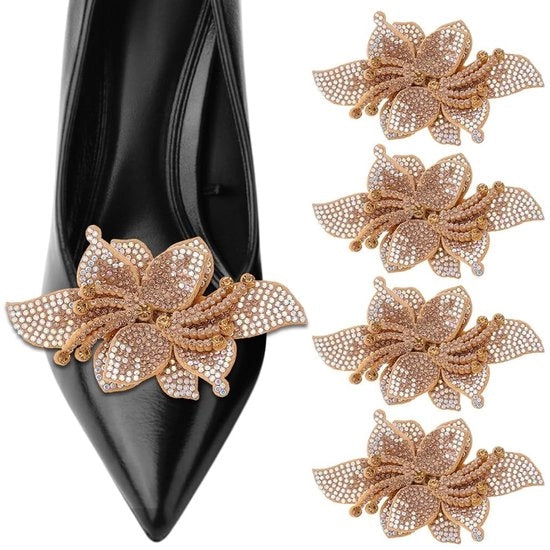 Accessori eleganti per scarpe - 4 pezzi - Clip metallico con retrospetto - Decorazioni per scarpe con pietre di strass - Bloem decorativa brillante