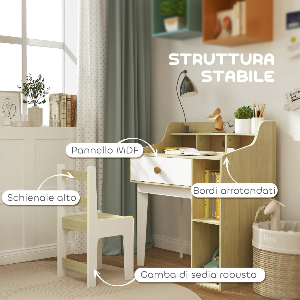 Scrivania per Bambini con Scaffale e Cassetto ¨C Minimal ¨C Bianco e Legno