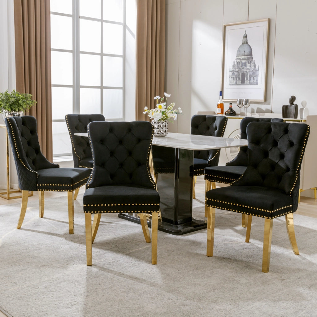 Sedia da Pranzo Imbottita in Velluto ¨C Xylo ¨C Nero/Oro, Schienale con Anello, Gambe in Acciaio Dorato, Set 6