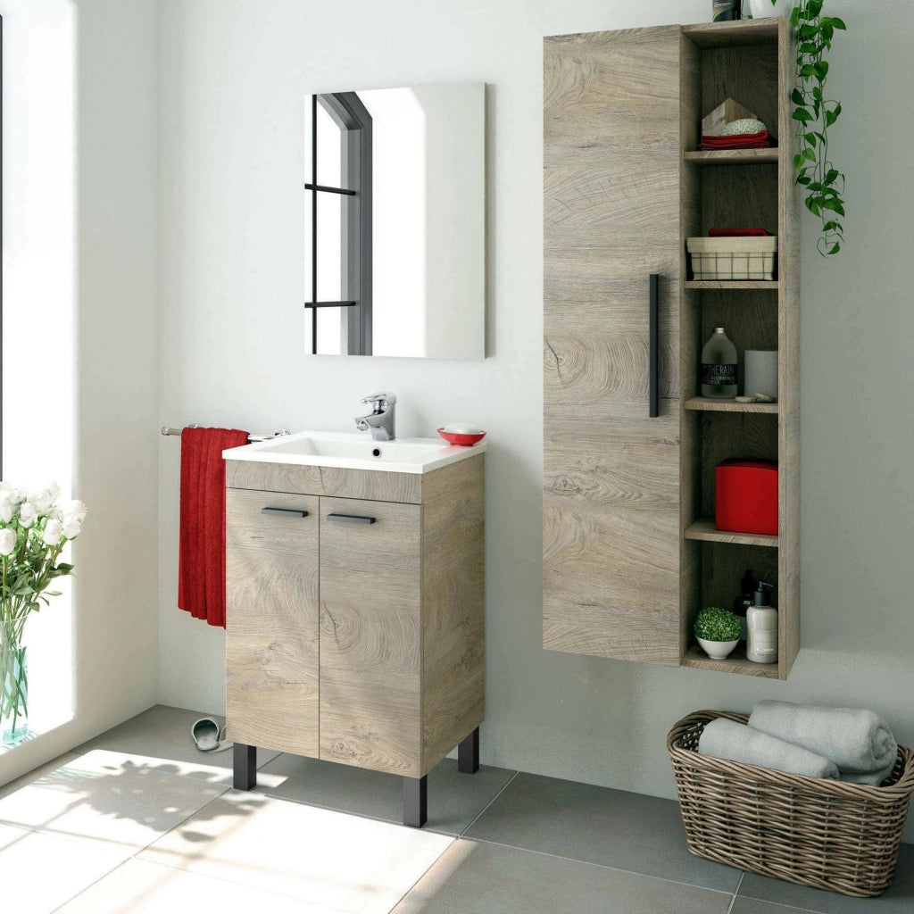 Sorico, set Mobili Bagno Specchio Incluso, Marrone Rovere