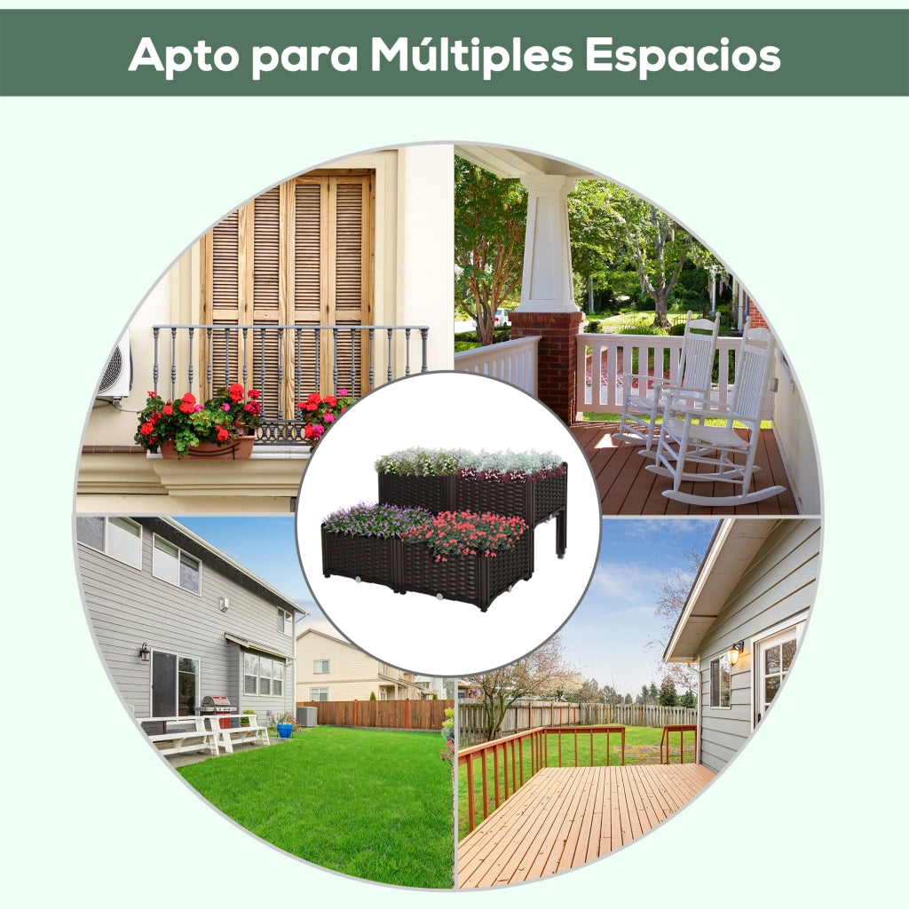Set 4 Fioriere Quadrate da Giardino ¨C Xylo ¨C Effetto Rattan Marrone 40x40x26/44 cm
