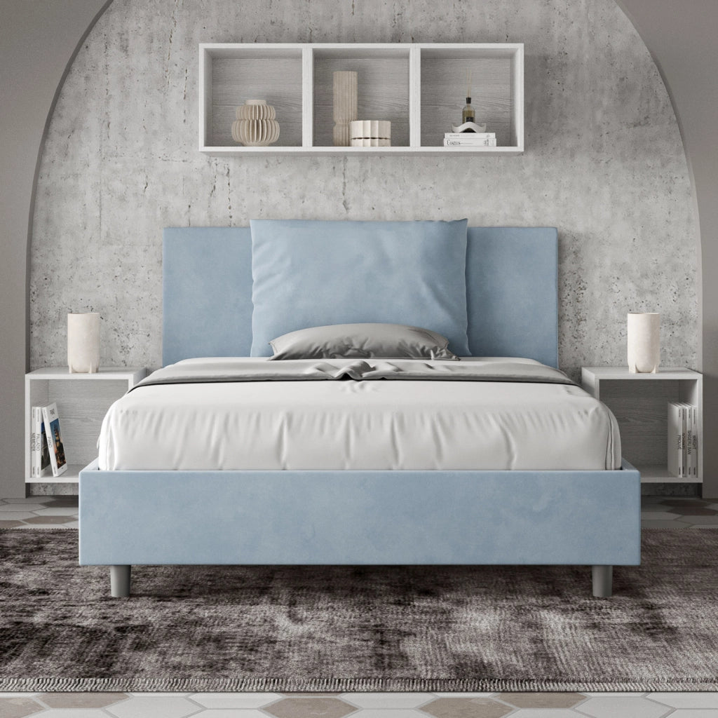 BS COM Letto matrimoniale francese senza rete imbottito 140x210 microfibra azzurro