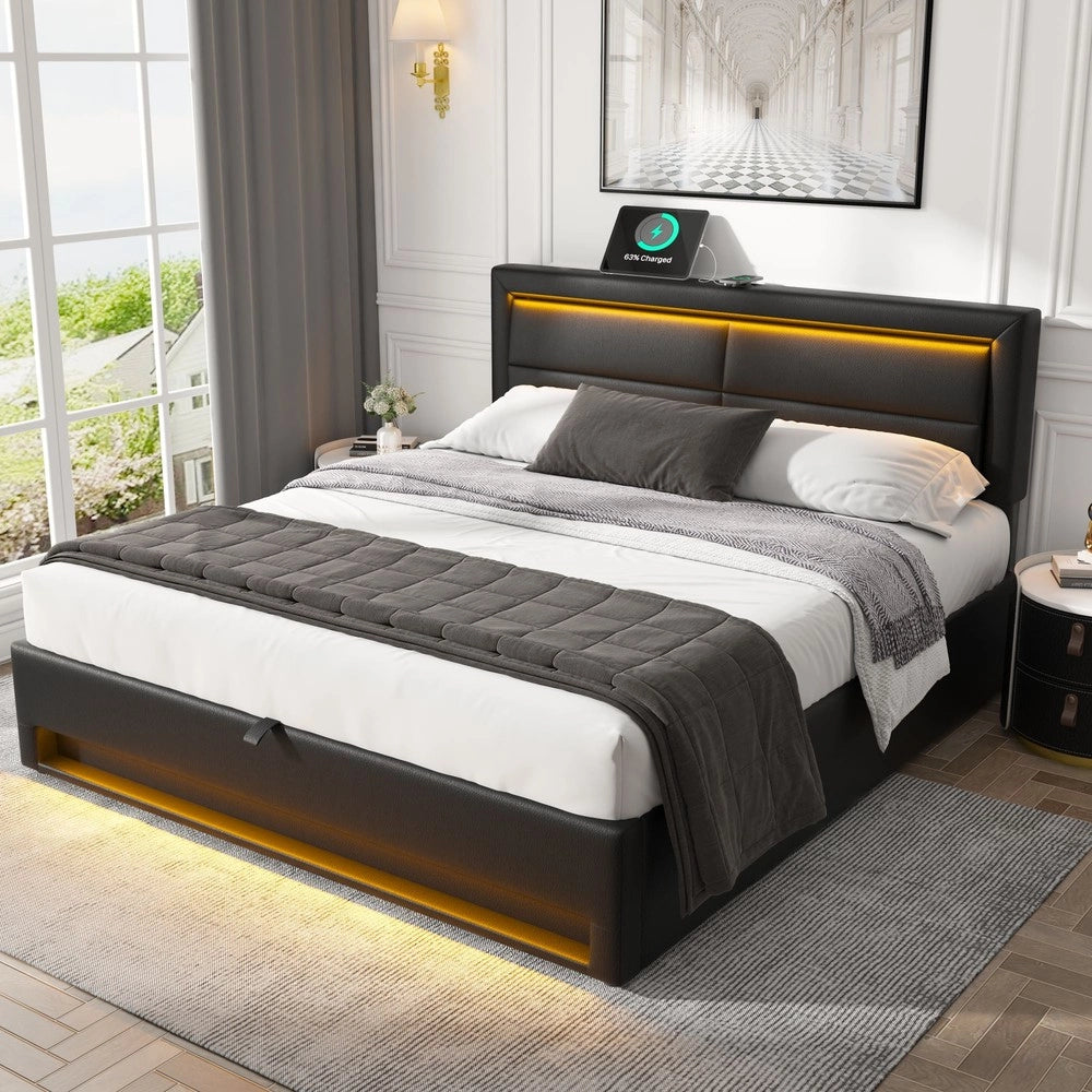 Letto Imbottito con LED e Contenitore ¨C MINIMAL ¨C Nero, 140x190, USB