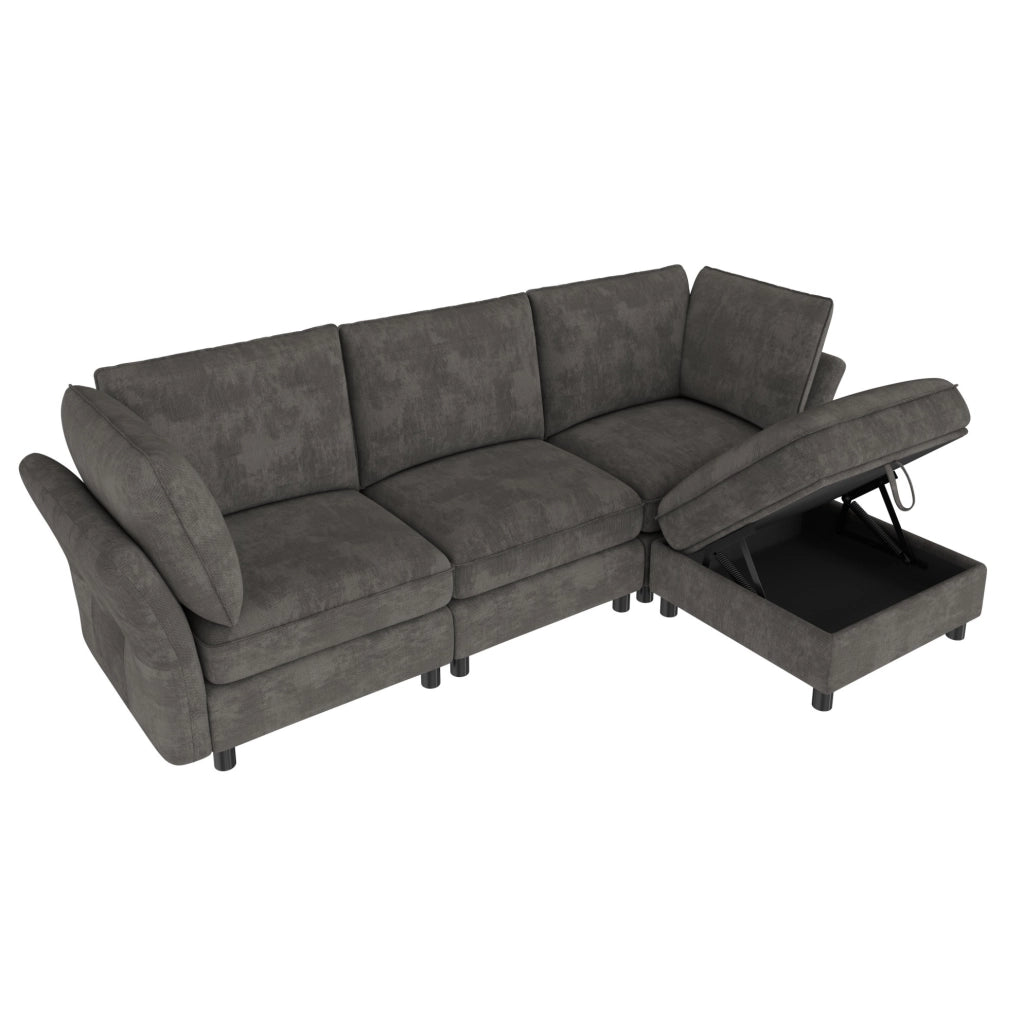 Divano modulare a L 225x137x84 cm in chenille grigio con pouf contenitore e cuscini
