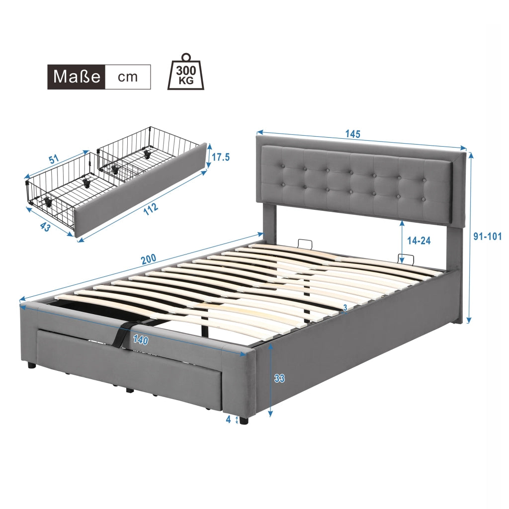Letto contenitore – 140x200 cm – cassetti rete – velluto grigio