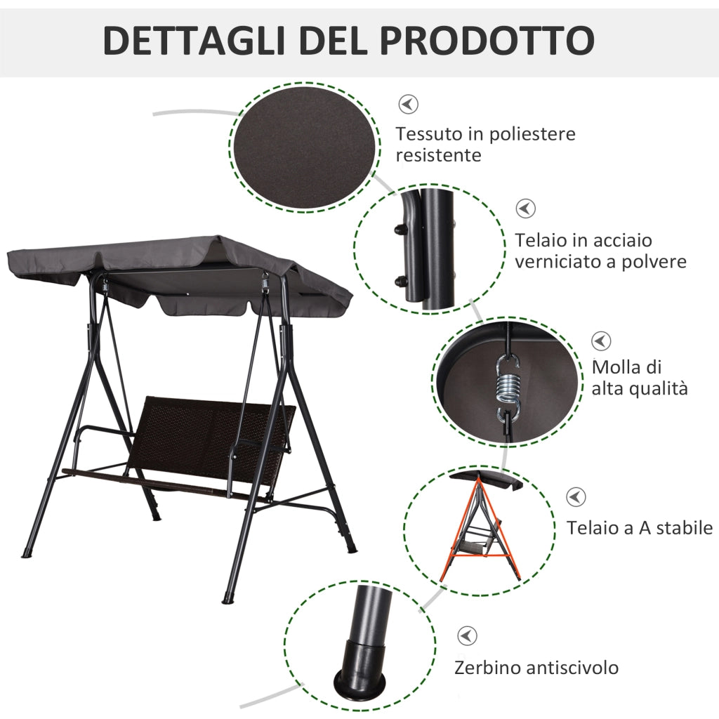 Dondolo da Giardino 2 Posti con Tettuccio Regolabile ¨C Minimal ¨C Marrone Grigio 140x110x151 cm