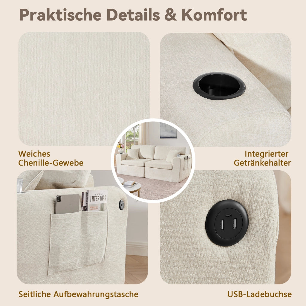 Divano a 2 posti compatto con tasca laterale, portabicchieri, cuscini e ricarica USB in chenille beige