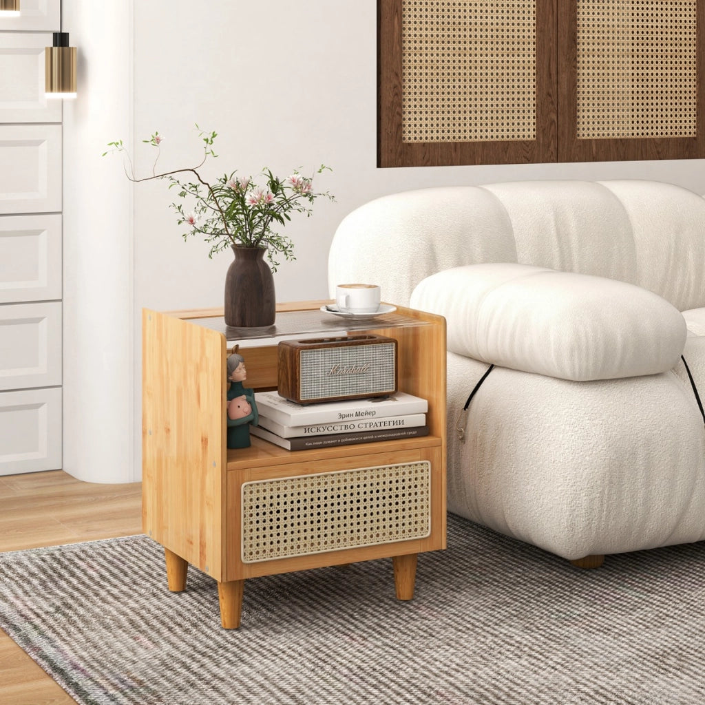Comodino in bamb¨´ e rattan con cassetto e gambe in legno massello, Tavolino da salotto boho 43x35x50cm Naturale 1 Pezzo