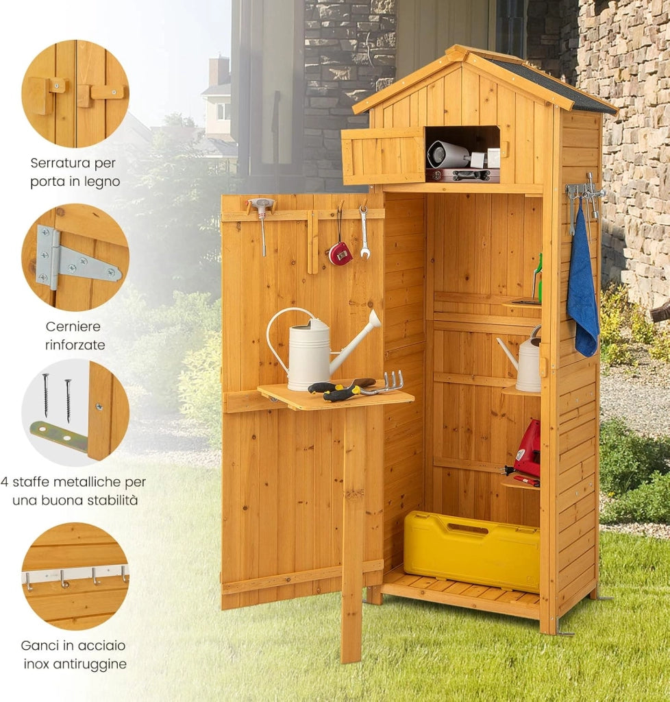 Casetta da Giardino in Legno, Capanno da Esterno con Serratura, Tavolino Pieghevole e Ganci, Armadio per Strumenti per Patio, Giardino e Cortile, 75 x 50 x 180,5 cm