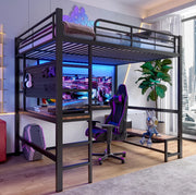 Letto a soppalco 140x200 cm in metallo con scrivania; LED; USB Type-C e ripiani; nero