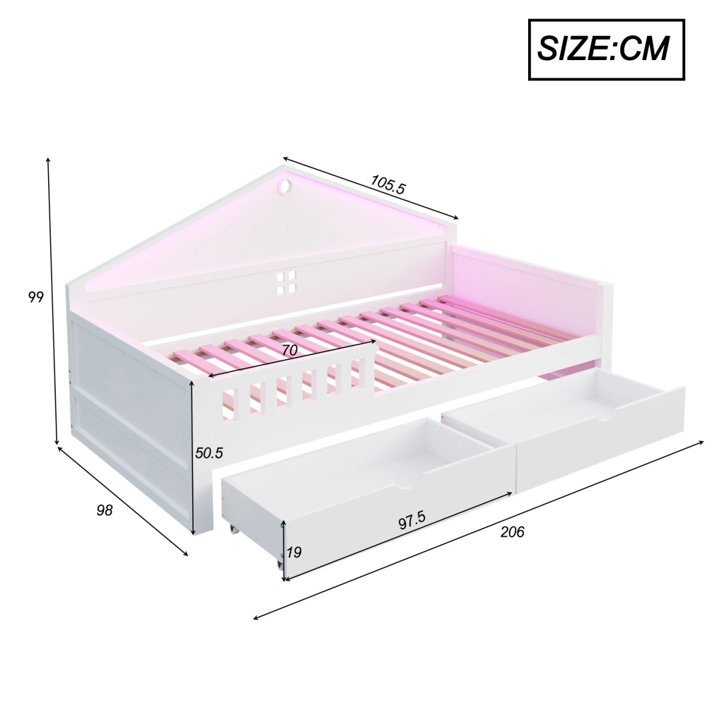 LETTO 90x200 cm con LED e 2 cassetti Bianco, Legno massello e MDF