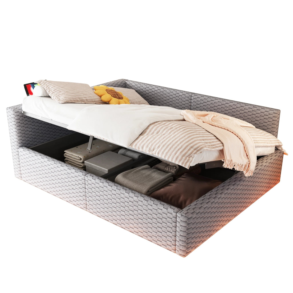 Letto Imbottito 140x200 con LED ¨C MINIMAL ¨C Velluto Grigio, Idraulico, USB