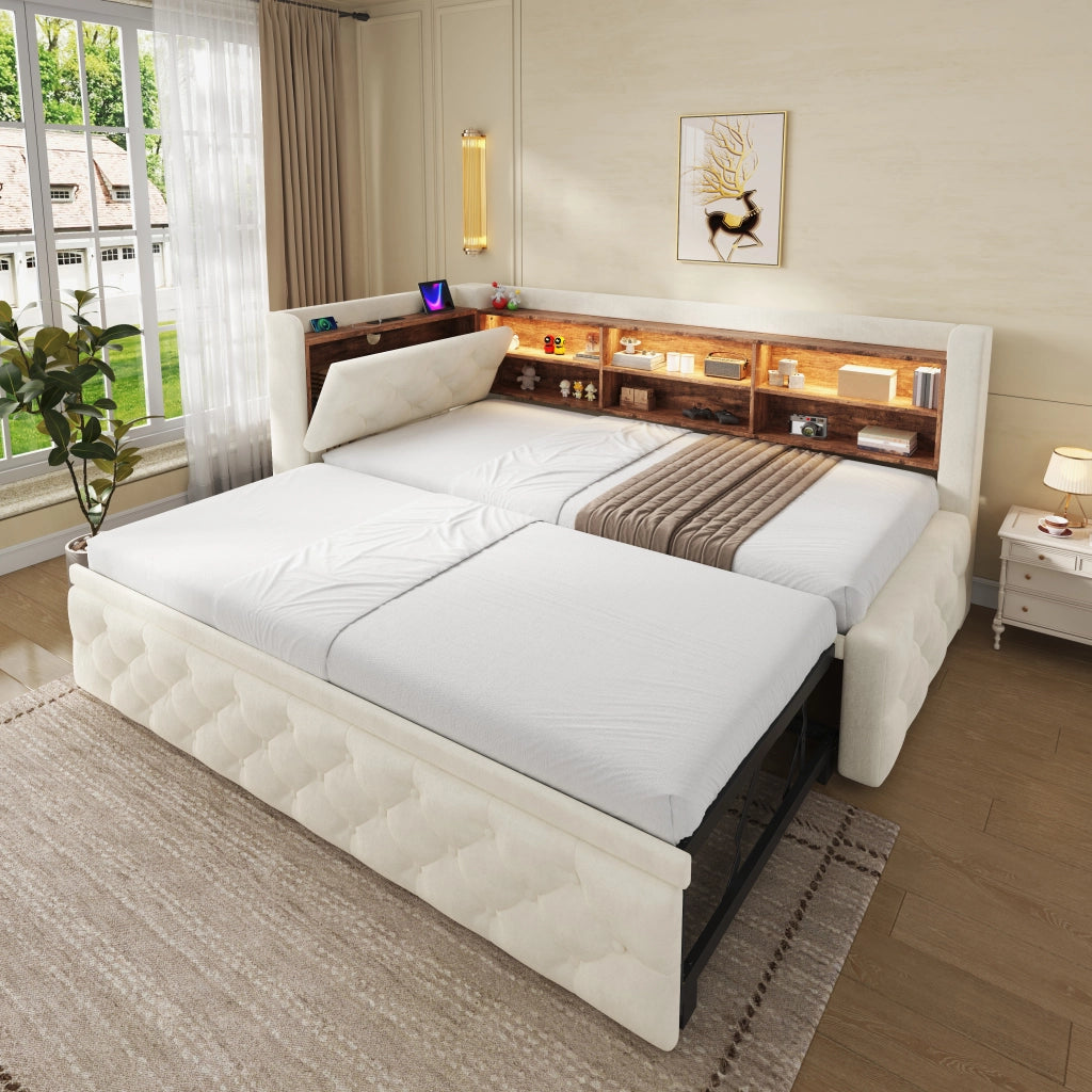 Divano letto estraibile 90x190 cm in velluto beige con contenitore, USB, Type-C e LED