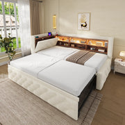 Divano letto estraibile 90x190 cm in velluto beige con contenitore, USB, Type-C e LED