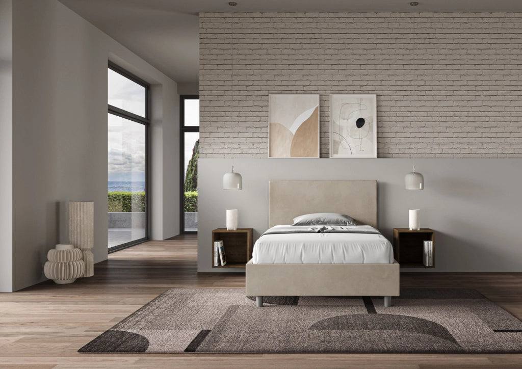 BS COM Letto singolo contenitore imbottito 100x210 microfibra sabbia
