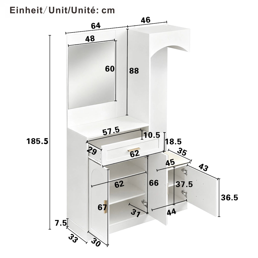 Set mobili ingresso con guardaroba, scarpiera, specchio e panca, in MDF Bianco