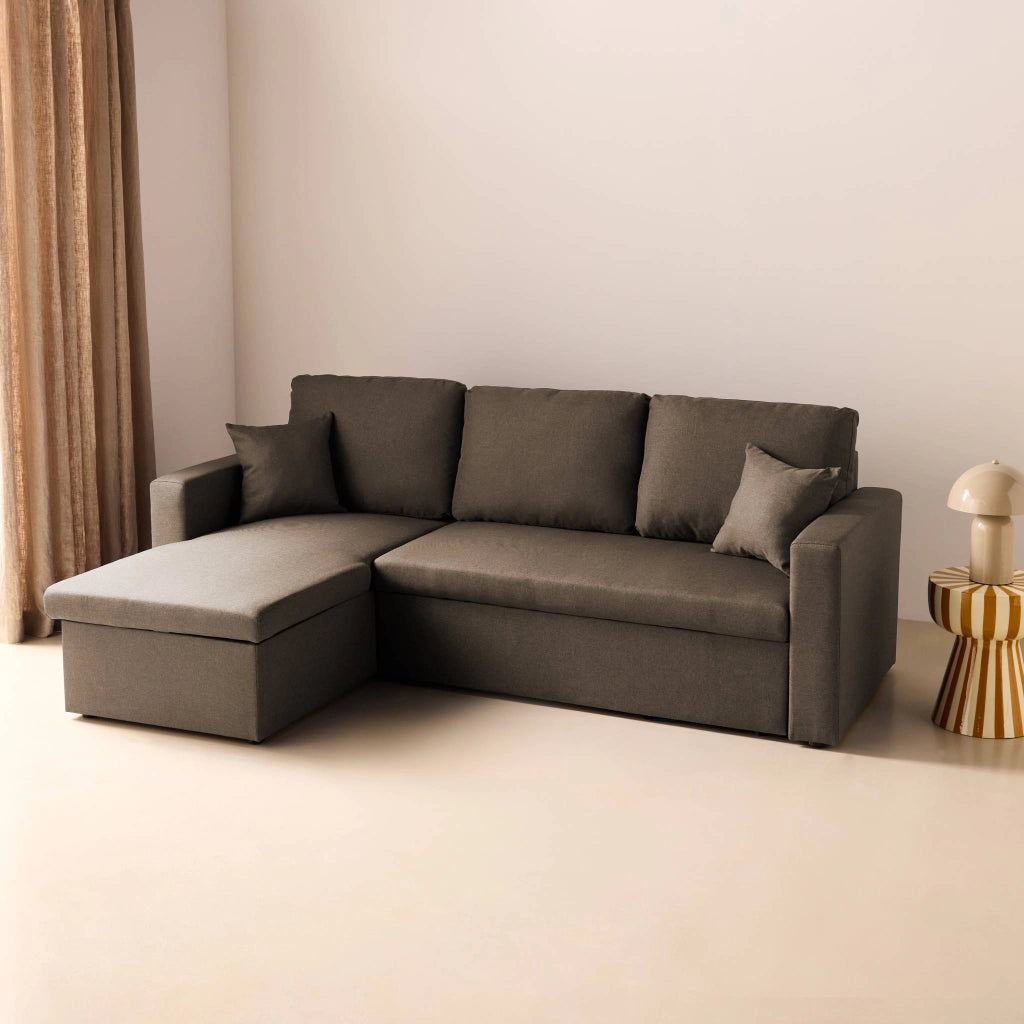 Divano letto angolare reversibile con contenitore, 3 posti, marrone