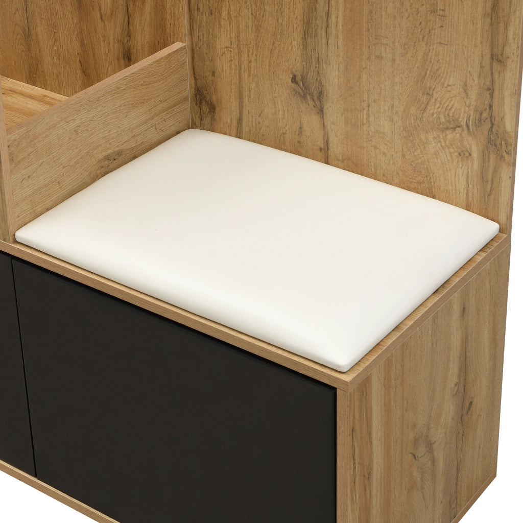 Set guardaroba da ingresso con specchio, 5 ganci appendiabiti, scarpiera e panca, 191x100x38 cm, nero e naturale