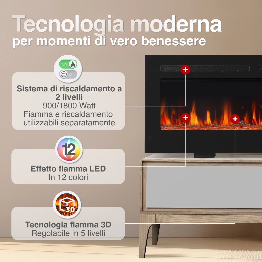 KAMINIO Camino elettrico MARLON - Camino elettrico 3 in 1 con riscaldatore, effetto fiamma 3D, 12 colori di fiamma, telecomando - 50 pollici
