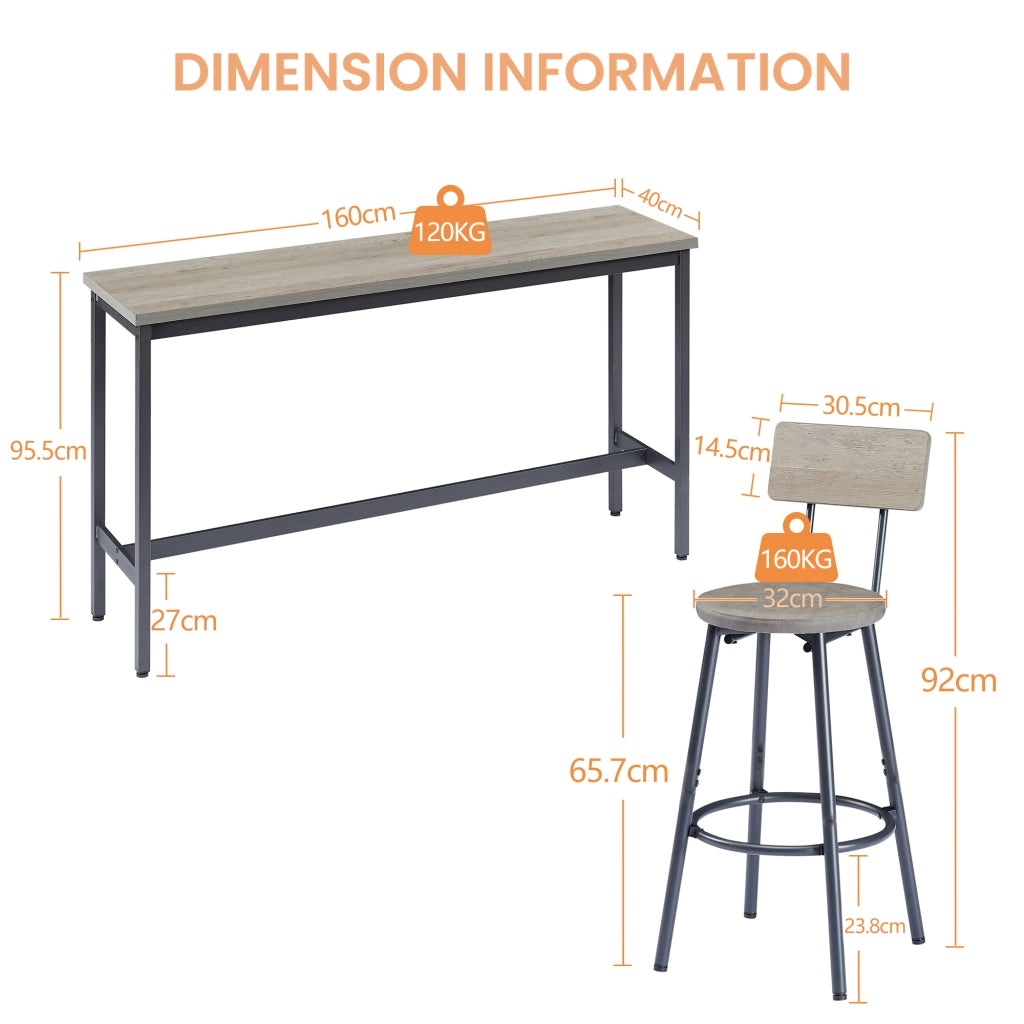 TAVOLO ALTO 160x40x95,5 cm Grigio e Nero Set da 3 unità