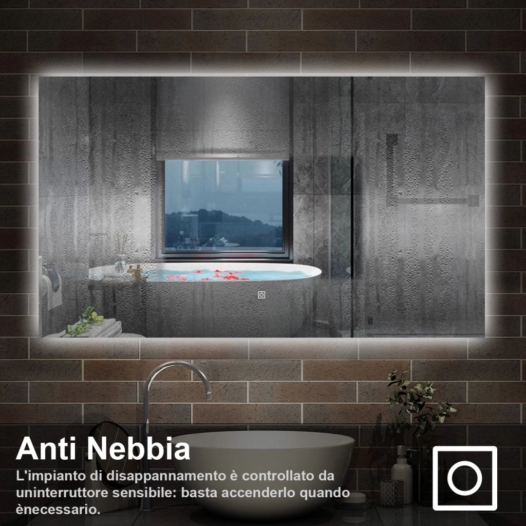 specchio 100 x 60 cm rettangolare con luce led antiappannamento e touch