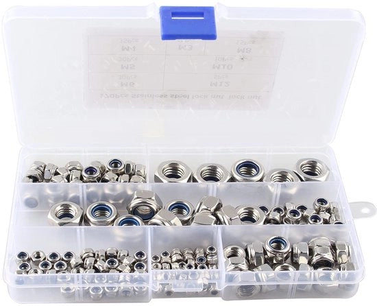 Assortimento di Viti a 5 Venti - 170 Pezzi - Acciaio Inox/Nylon - M3/M4/M5/M6/M8/M10/M12 - Autoallentanti - Scatola di Ricarica in Plastica - Solida e Resistente alla Corrosione - Viti