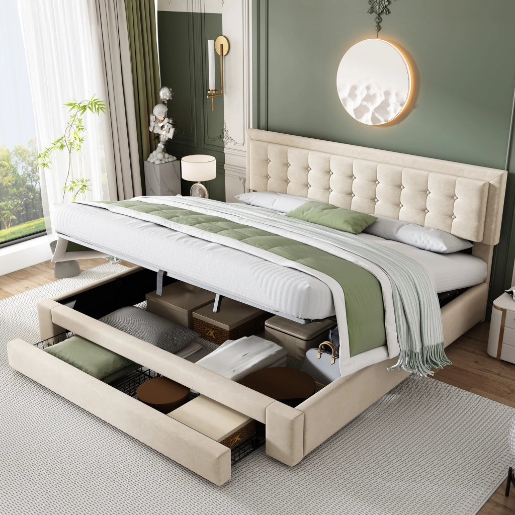 Letto contenitore – 160x200 cm – cassetti rete – velluto beige