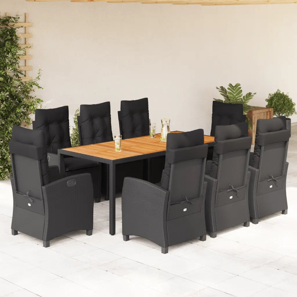 Set da Pranzo da Giardino 9 pz con Cuscini Nero in Polyrattan 3212669