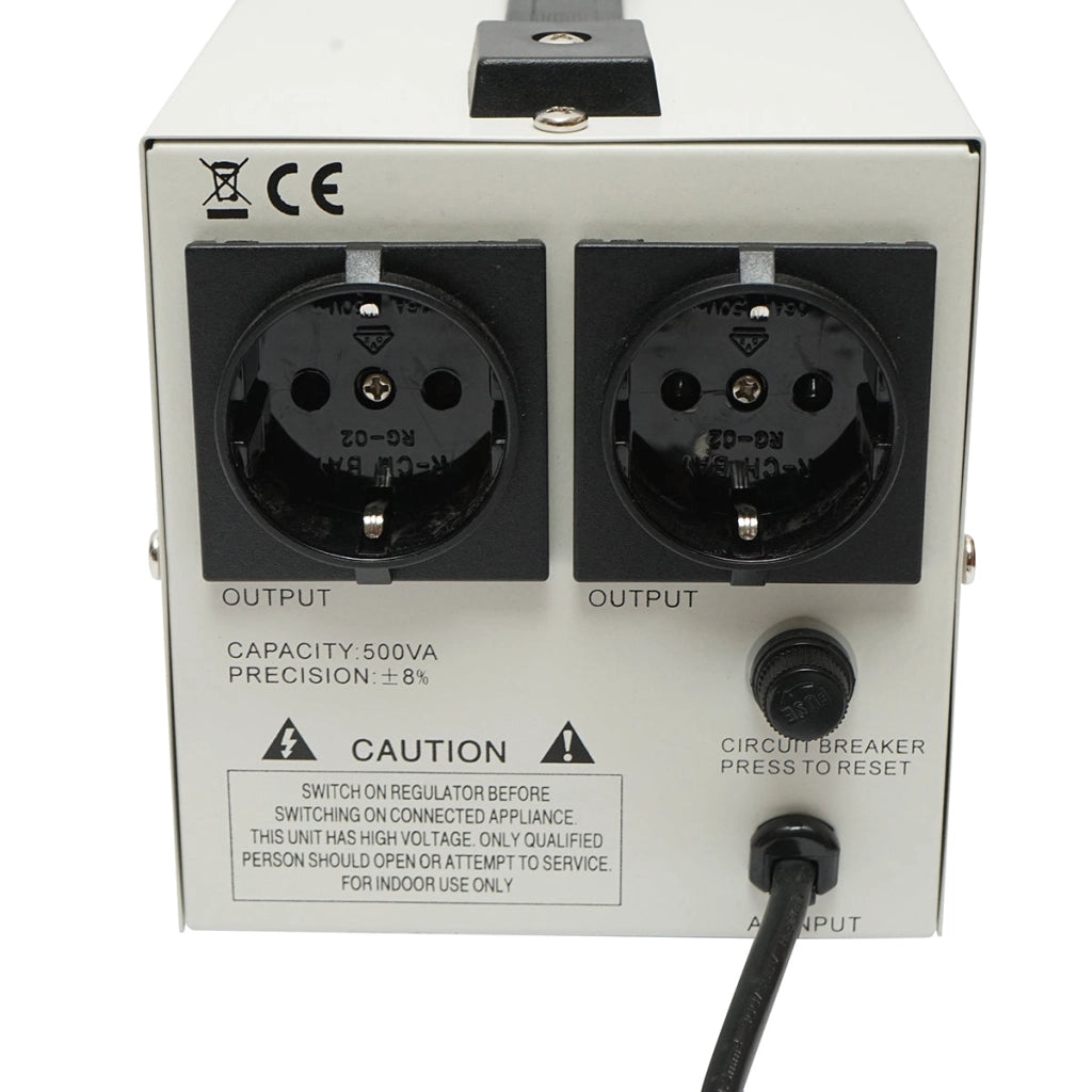 Stabilizzatore di tensione automatico 500VA con relè monofase, 2 prese schuko 230V, display LCD Breckner Germany