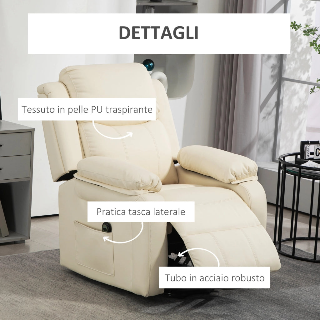 Poltrona Elettrica Reclinabile Alzapersona ¨C Minimal ¨C in Pelle, Bianco Crema