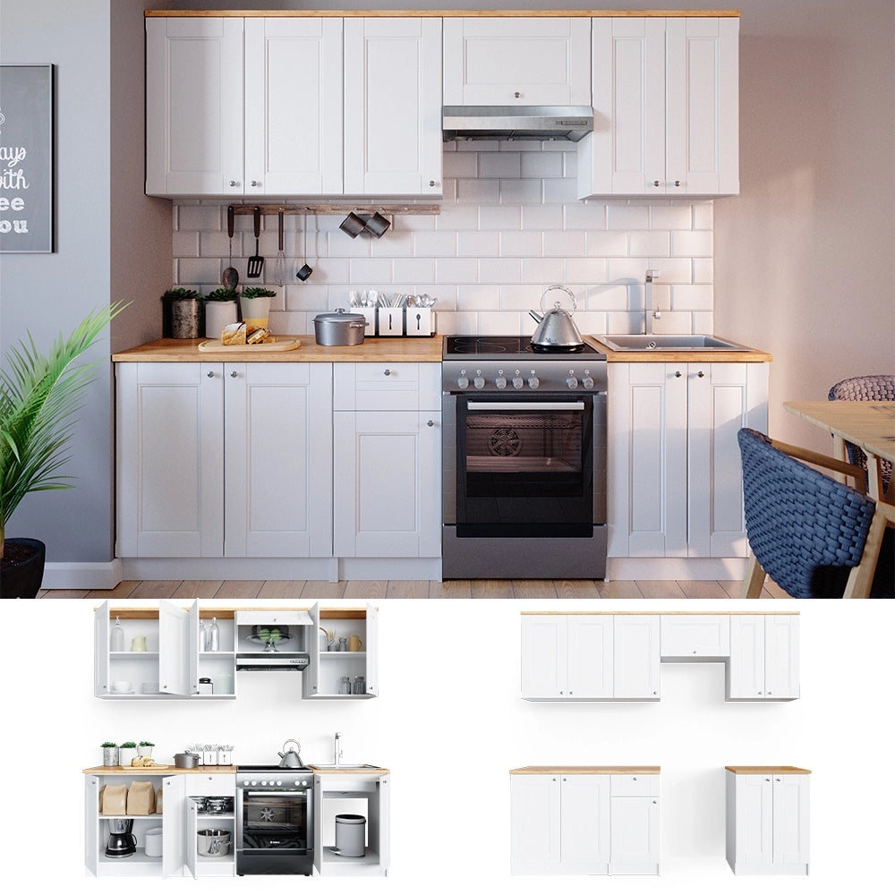 Cucina componibile Bergamo Bianco/Rovere dorato 240 cm, PL Goldkraft con striscia LED Vicco