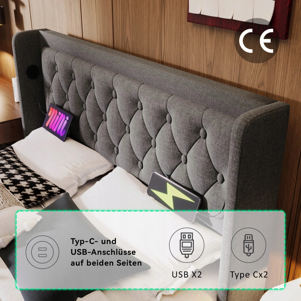 Letto imbottito 140x200 grigio - Xylo - Idraulico, LED, USB-C