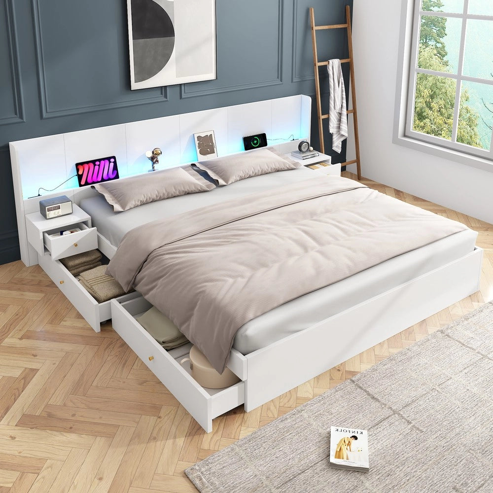 Letto Matrimoniale con LED, USB e 2 Comodini ¨C Xylo ¨C Bianco 180x200